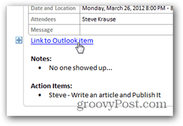 Kliknite vezu natrag na stavku Outlook kalendara