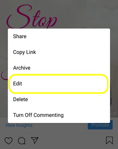 Kako dodati zamjenski tekst u postove na Instagramu, korak 5, opcija uređivanja posta. 