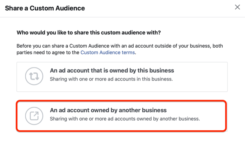 facebook upravitelj oglasa dijeli prilagođeni izbornik publike s istaknutom opcijom "oglasni račun u vlasništvu druge tvrtke"