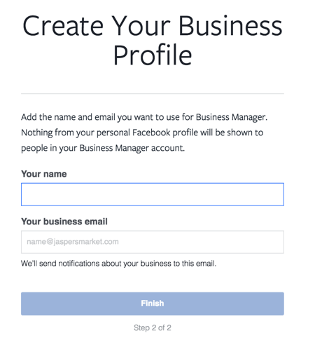 Unesite svoje ime i radnu e-adresu da biste dovršili postavljanje računa Facebook Business Manager.