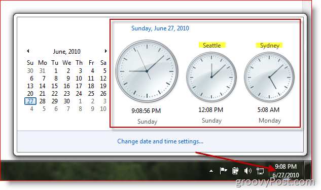 Microsoft Windows 7 s prikazom dodatnih satova u različitim vremenskim zonama
